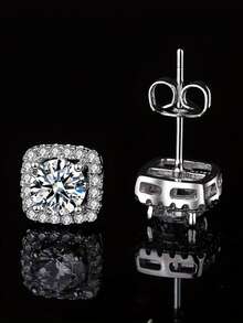 ConiiW 1 Pair 925 Sterling Silver Earrings: 1 Carat/2 Carat Lab-Created Moissanite - Square/Round Cut (Fashionable Vintage Versatile) - Silver - View 4
