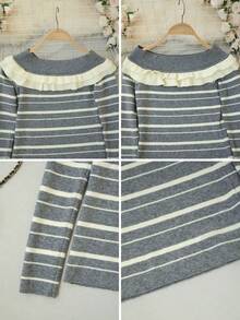 2026 Sexy Double Layer Ruffle Off-Shoulder Striped Knit Top, Gray And White Horizontal Stripes Ribbed Slim Fit Long Sleeve Sweater, Double Layer Frill Collar, Spring/Autumn Date Night Hot Girl, High Elastic Fine Knit 18-35 Women's Slimming Knit Base Layer - Grey - View 9