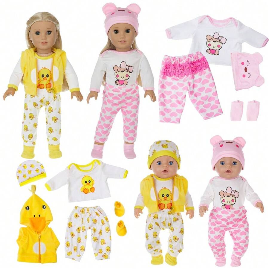16~18 Inch Doll Clothes, Cute Cartoon Doll Clothes Set, Yellow Duck 5-Piece Set, Pink Bear 4-Piece Set, Birthday/Holiday Gift. - Multicolor - View 1