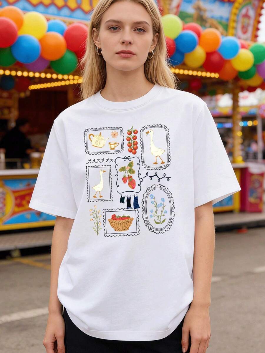 Women's Loose Crew Neck T-Shirt, Coquette Goose Cottagecore Style, Floral Gardening Pattern For Autumn, Fast Local Delivery - 白色 - 查看 1