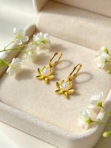 1 Pair Elegant Fashion Gold-Colored Lotus Simulated Opal Inlaid Pendant Earrings, Suitable For Women's Daily, Party, Travel Wear Jewelry Gift - Yellow Gold - View 5
