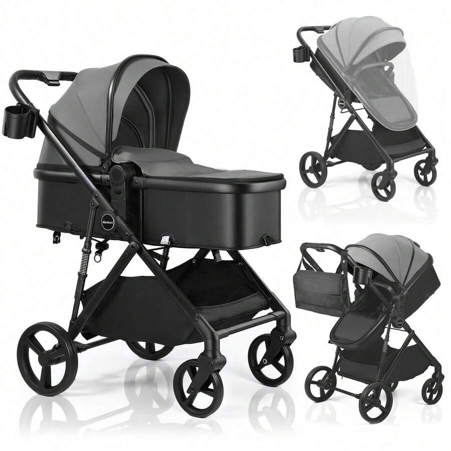 2-in-1-Kinderwagen, Zusammenklappbarer Kinderwagen Mit Umkehrbarem Sitz, Verdeck, Einkaufskorb, Getränkehalter, Leichter Kinderwagen, Geeignet Für Babys Von 0 Bis 36 Monaten - Grau - Übersicht 1