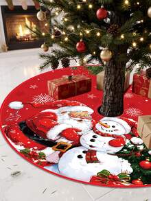 1pc Red Christmas Tree Skirt With Santa Claus & Snowman & Christmas Tree Pattern, Drawstring Closure, Round Christmas Tree Fit, Christmas Tree Decoration, Holiday Party Decoration, Merry Christmas Decoration, Winter Home Decor - Christmas B - View 2