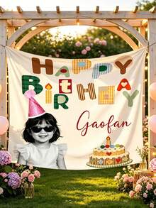 Birthday Banner Background Wall, Customizable Name/Text And Photo Tapestry, Hand-Painted Happy Birthday Sign, Suitable For Party Decoration, Photo Backdrop, Fabric Decor - Multicolor - View 4