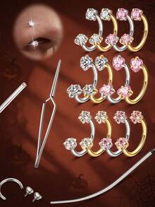 3pcs Stainless Steel Horseshoe Septum Nose Rings With 1pc Piercing Tool And 1pc Guide Needle, Round Zirconia Rhinestone Ear Cartilage Ear Bead Ear Canal Body Piercing Jewelry 18G 8MM - Multicolor - View 6