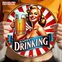 2D平面 1件裝復古風啤酒杯圓形鐵製裝飾牌 8英吋，女孩與「Happy Drinking」設計，鄉村風金屬裝飾，適用居家、車庫、咖啡廳、居家酒吧裝飾，預鑽孔，款式如尺寸表所示 - 多色 - 查看 6