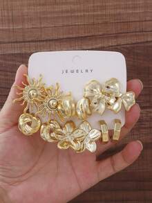 Conjunto de 6-12 Peças de Brincos Combinados com Flor de Girassol - Dourado - Visão 5