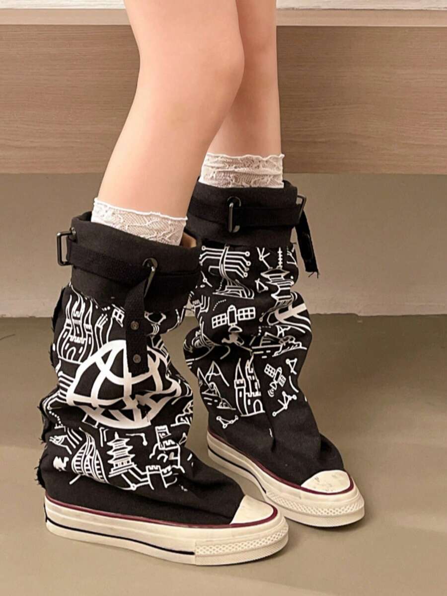 Fall/Winter Women's Round Toe Thick Sole Flat Ankle Boots, Casual Canvas Ankle Boots For Spring & Autumn, Boots For Women Sports Lace-Up Buckle Home - Black - View 1