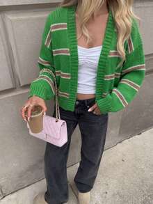Women's Fashion Versatile V-Neck Colorblock Striped Loose Short Knit Cardigan With Buttons - Multicolor - View 5
