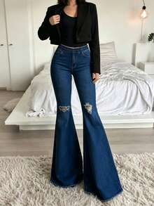Women's Distressed Flare Jeans, Medium Stretch Wide Leg Denim Pants With Pockets And Washed Frayed Hem, Casual Style - Dark Wash - View 3
