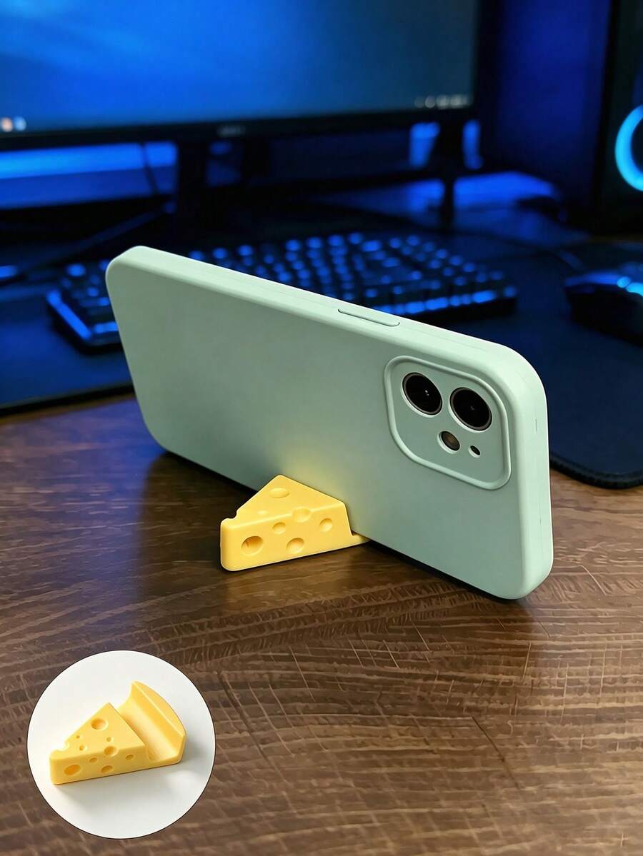 1pc Cheese Phone Stand, Fun Cheese Decor Storage Rack, Desktop Support Compact Lightweight Pocket Size Design, Can Hang Keys, Pendants, Desktop Ornament, Lightweight Phone Holder, Suitable For All Smartphones Stable Anti-Slip Desktop Storage, Office Home Daily Essential, Portable Travel, Desktop Phone Stand Accessory - Cute Style - View 1
