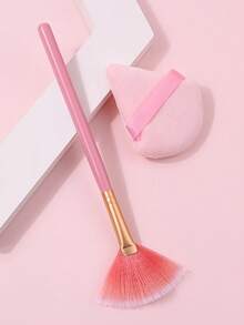 2PCS Pink Fan Highlight&Makeup Puff Set,For Precise Cheek Highlight & Blush,Full Face Setting & Powder Application - Pink - View 2