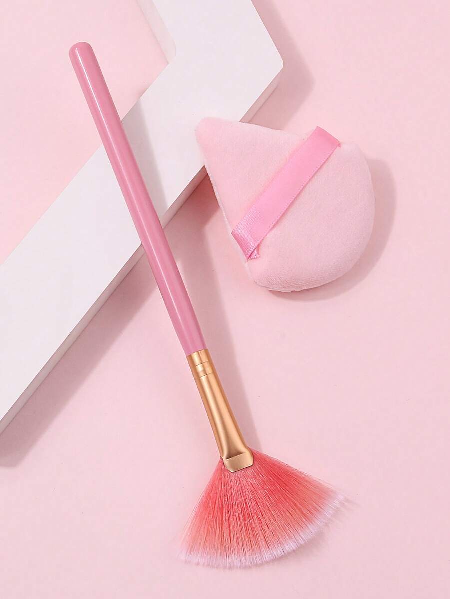 2PCS Pink Fan Highlight&Makeup Puff Set,For Precise Cheek Highlight & Blush,Full Face Setting & Powder Application