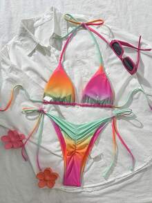 两件套渐变彩色挂脖比基尼套装，水钻纹理系带设计，时尚性感，适合海滩、泳池、夏季度假。 - 橘綠色 - 查看 6