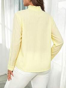 Kemeja Wanita Ukuran Besar Lengan Panjang Bergaris dengan Rumbai, Kasual Longgar, Kancing Tunggal, Warna Kuning - Kuning - View 3