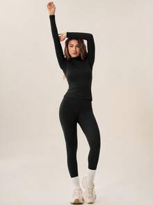 TimeOff Women's One Set Autumn/Winter Solid Color Stand Collar Slim Fit Long Sleeve Leggings Set - Black - View 8