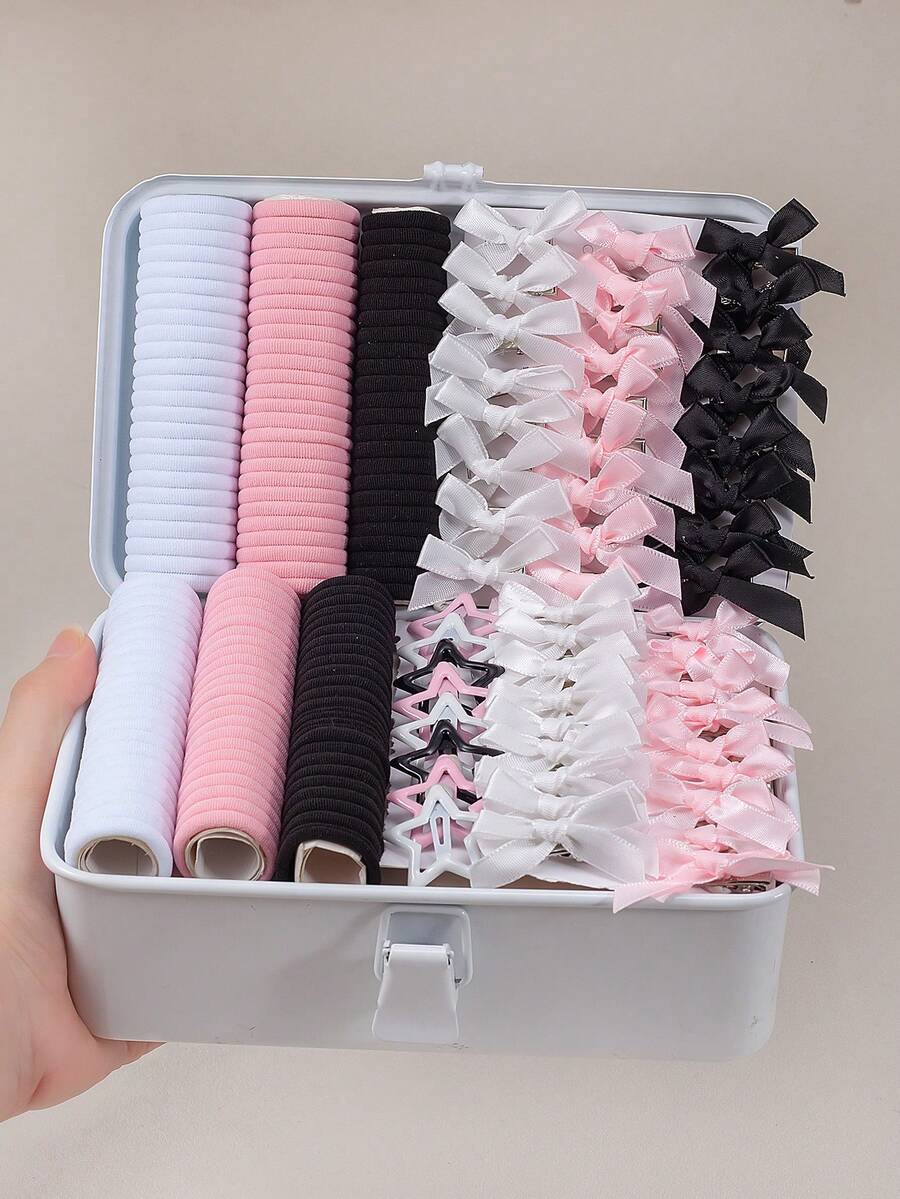 VBOOR 12/112pcs Minimalist Basic Hair Accessories, Suitable For Women. Star Bangs Clips, Bowknot Hair Clips, High Elasticity Basic Hair Ties. Classic Black, White, Pink Color Combination, Suitable For Daily/Commute Use. - Multicolor - View 1