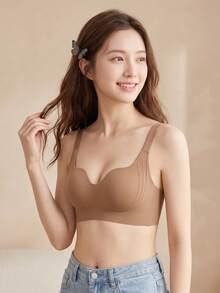 Minimalist Solid Color Women's Thin Non-Wired Push-Up Comfortable Bra, Full Coverage Seamless Bra, Anti-Sagging, Side-Boob Support, Suitable For Small Breasts [Flat Chest Special] - Brown - View 2