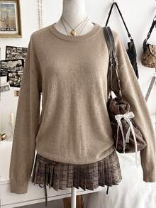 Women's Soft Sweater, Solid Color Round Neck Pullover, Machine Washable Warm Casual Knitwear, Cozy For Fall Winter Layering, No Transparency - Earth Gray - View 6
