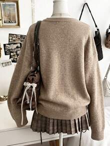 Women's Soft Sweater, Solid Color Round Neck Pullover, Machine Washable Warm Casual Knitwear, Cozy For Fall Winter Layering, No Transparency - Earth Gray - View 4