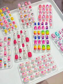 (192pcs, 8 Boxes) Children's Acrylic Full Coverage Glitter Cute Spring/Summer Pineapple, Unicorn, Penguin, Flamingo, Rainbow, Heart Short Press-On Nail Set - Multicolor - View 2