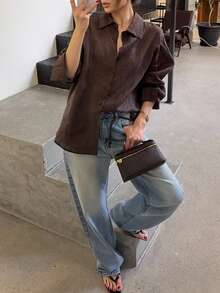 Women's Casual Coffee Brown Loose Oversized Drop Shoulder Long Sleeve Shirt Collar Top, All Seasons - Coffee Brown - View 5