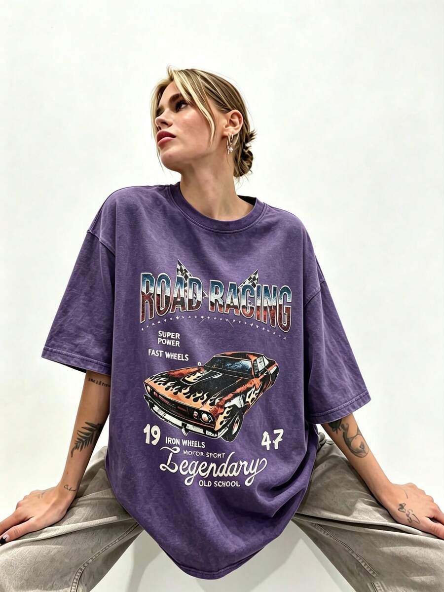 Women's Summer Casual T-Shirt, Y2K Letter & Car Print Round Neck Short Sleeve Crew Neck Tee For Holiday, Vacation, Spring Festival & Graphic Summer - 紫色1 - 查看 1