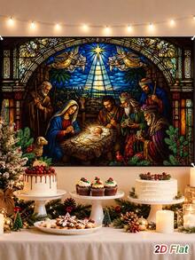 1pc Christmas Glowing Backdrop Cloth With Birth Of Jesus Design, Merry Christmas Hanging Background Cloth, Photo Booth Backdrop, Holiday Party Backdrop Banner, Christmas Decoration, Xmas Decor, Winter Home Decor - Multicolor - View 4