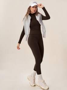 TimeOff Women's One Set Autumn/Winter Solid Color Stand Collar Slim Fit Long Sleeve Leggings Set - Coffee Brown - View 5