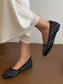 Sepatu Loafer Datar Motif Polkadot Hitam Model Slip-On Retro Ujung Persegi Dangkal Terbaru untuk Wanita, Modis Musim Semi, Serbaguna - Hitam - View 16