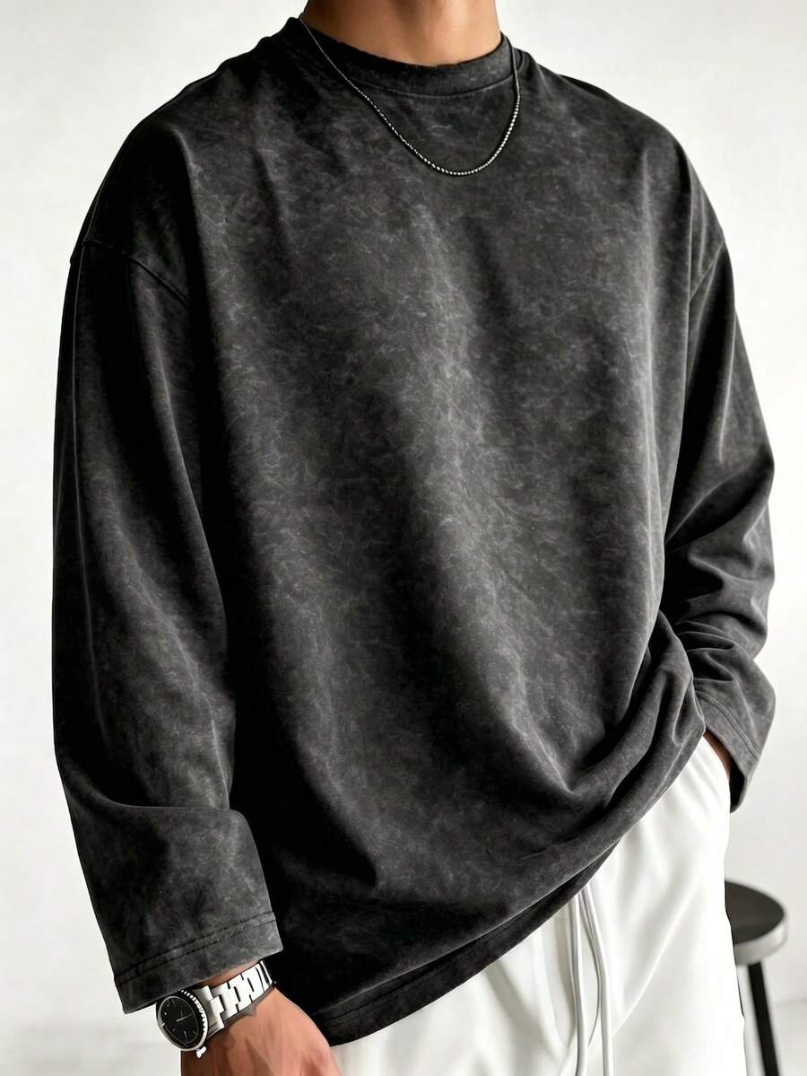 Men's Vintage Washed Distressed Tie-Dye Long Sleeve Base Layer Shirt, Black & Gray Irregular Gradient Faded Texture Solid Color Crew Neck Drop Shoulder Long Sleeve T-Shirt - Black - View 1