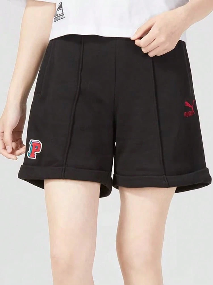 PUMA Logo Embroidered Drawstring Loose Fit Fashionable Versatile Comfortable Shorts Women's - Black - View 1
