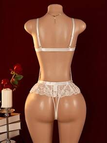 One Piece Sexy Lingerie Deep V Crotch Lace Flower Jumpsuit Doll Teddy Women's Lingerie, Chest Leakage Design - 白色 - 查看 3