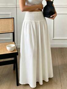 New Autumn Pure White Shirred High Waist A-Line Ankle Length Maxi Skirt, Loose Flowy Full Skirt, Suitable For Daily Street Wear And Comfortable Commuting - White - View 4