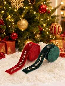 2pcs/2m Gold Merry Christmas Printed Ribbon, Luxury Metallic Fabric Satin Ribbon, Suitable For Gift Wrapping, Christmas Tree Decoration And DIY Bows, Holiday Craft Decoration Ribbon, Christmas Tree Decoration Ribbon, Gift Decoration Satin Ribbon, Christmas Wrapping Accessories - Christmas - View 3