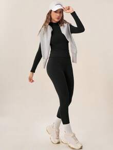 TimeOff Women's One Set Autumn/Winter Solid Color Stand Collar Slim Fit Long Sleeve Leggings Set - Black - View 5