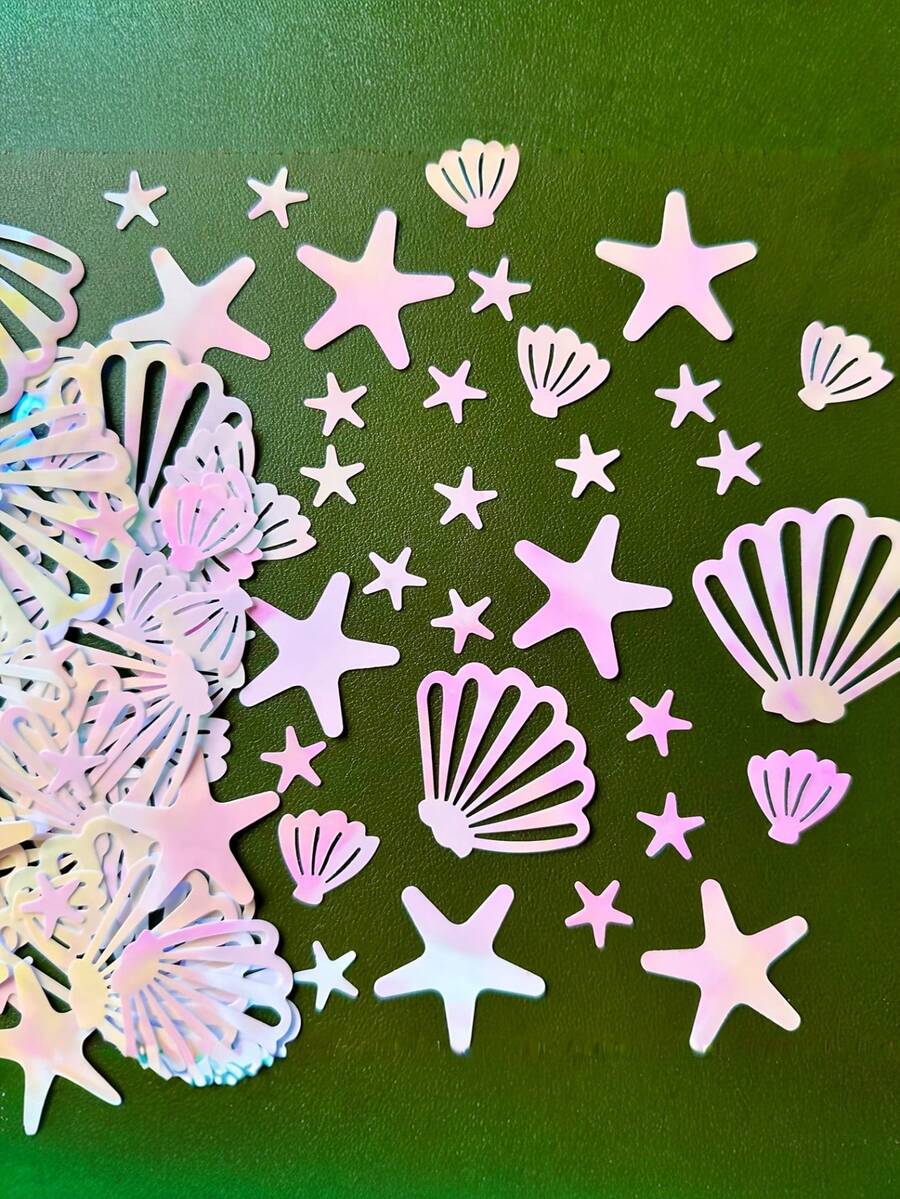 100/200pcs Pearl Powder Mermaid Shell Glitter Confetti, Birthday Decoration, Includes Starfish And Ocean Theme Table Decor, Suitable For Christmas, Halloween - Multicolor - View 1