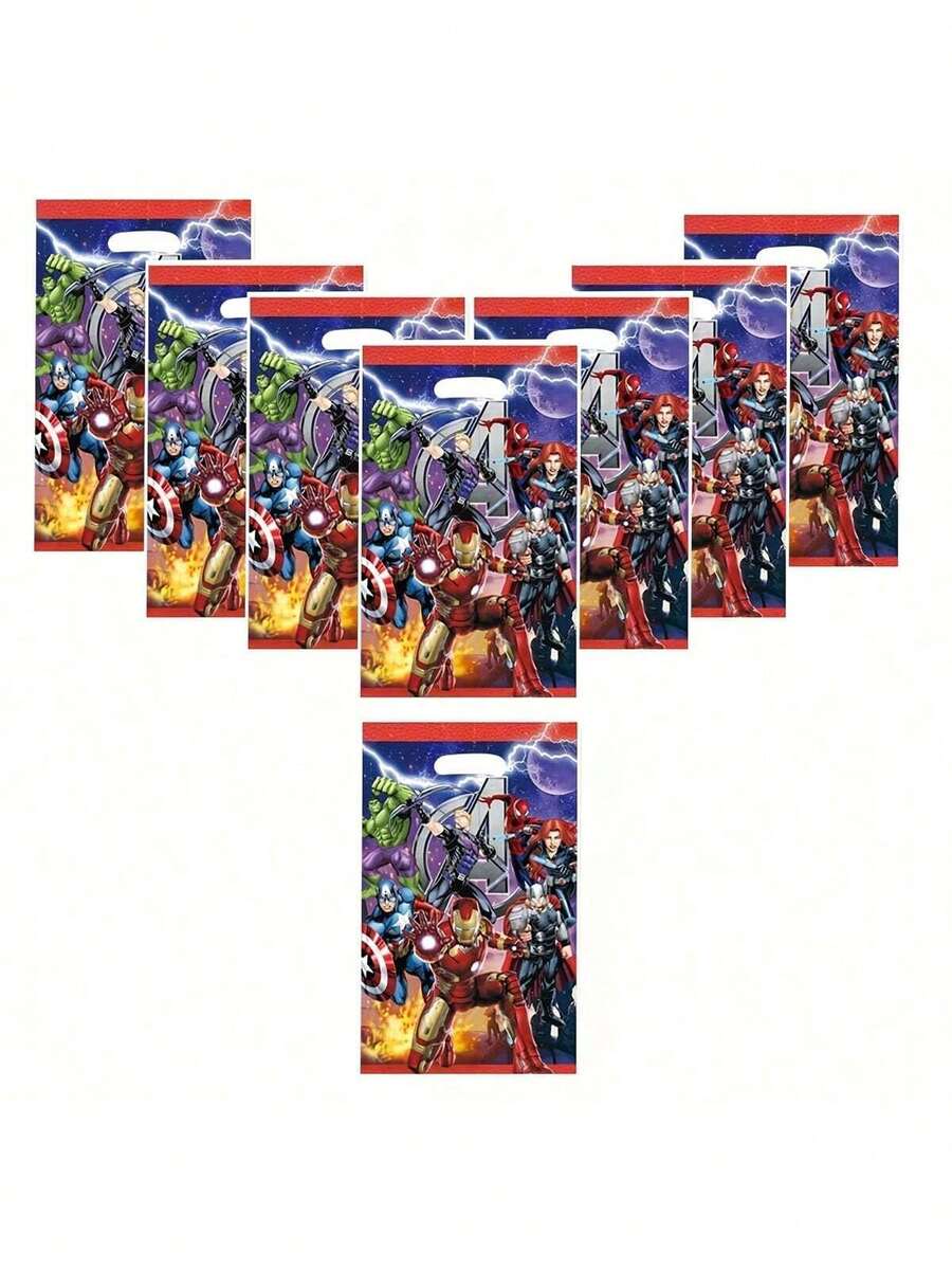 10pcs/Set Avengers Plastic Party Gift Bags, Full Hero Lineup Printed Die-Cut Handle Gift Bags, Birthday Party Candy Snack Toy Packaging Supplies - Multicolor - View 1