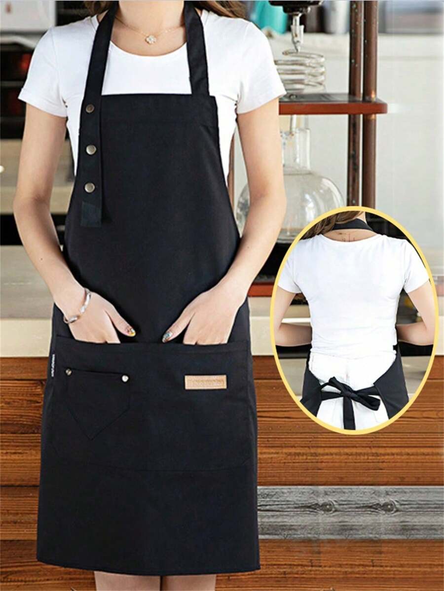 1pc Waterproof & Oil-Proof Kitchen Apron With Pocket, Polyethylene Stain-Resistant Apron For Home, Restaurant, BBQ, School, Coffee Shop, Unisex Apron (Black) Christmas Holiday Gift - Black - View 1