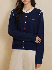 Women's Autumn/Winter Casual Minimalist Contrast Trim Design Colorful Button Knit Cardigan Jacket Sweater - Navy Blue - View 5
