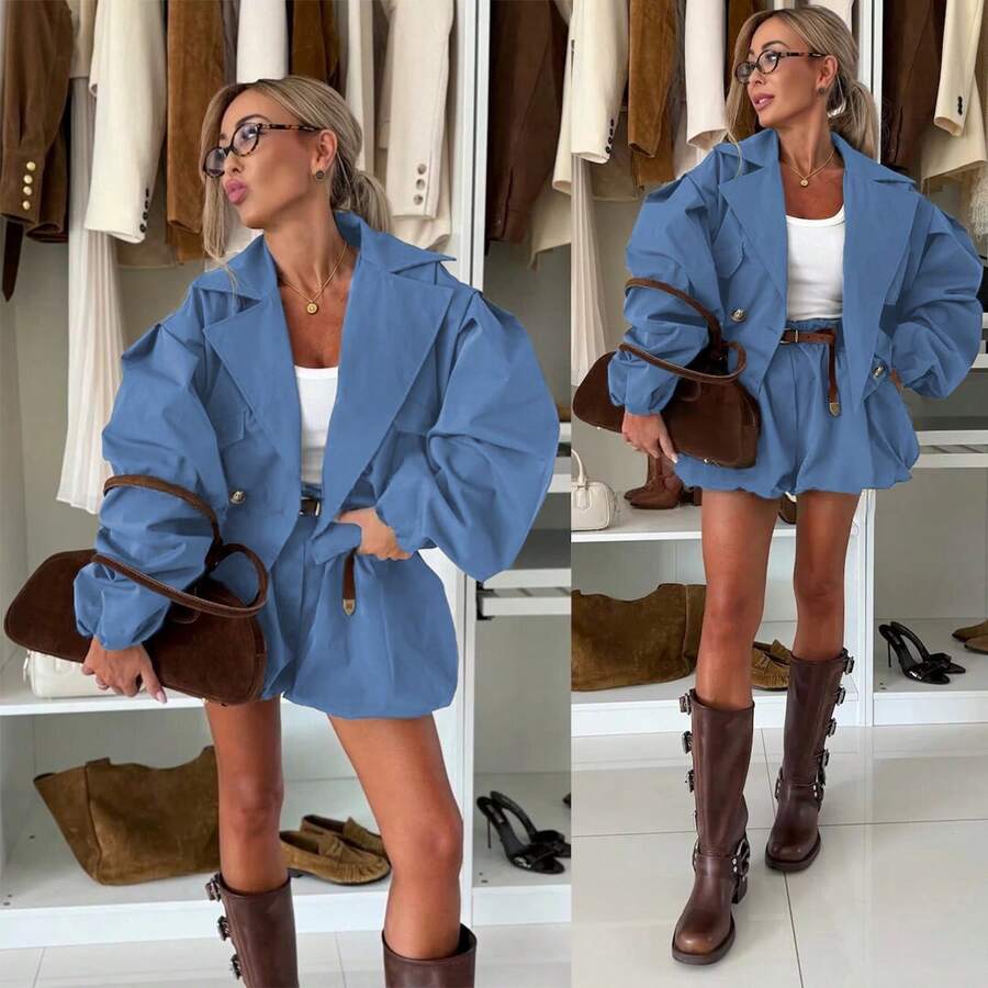 Women's Solid Color Spring/Autumn New Jacket Two Pieces Set (Jacket + Pants, Excluding Belt Accessories) Elegant - Royal Blue - View 1