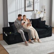 Cord Fabric Sofa With Seat Compression Function, High Backrest & Extra Cushions, Double-Sided Pockets & Cup Holders - Black - View 5