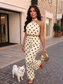 AIJ Casual Sexy Women's Polka Dot Halter Neck Gold Buckle Two Pieces Set, Backless Medium Stretch Outfit, Create A Look Vacation Elegant Summer - Yellow Base With Palm Flowers - View 1