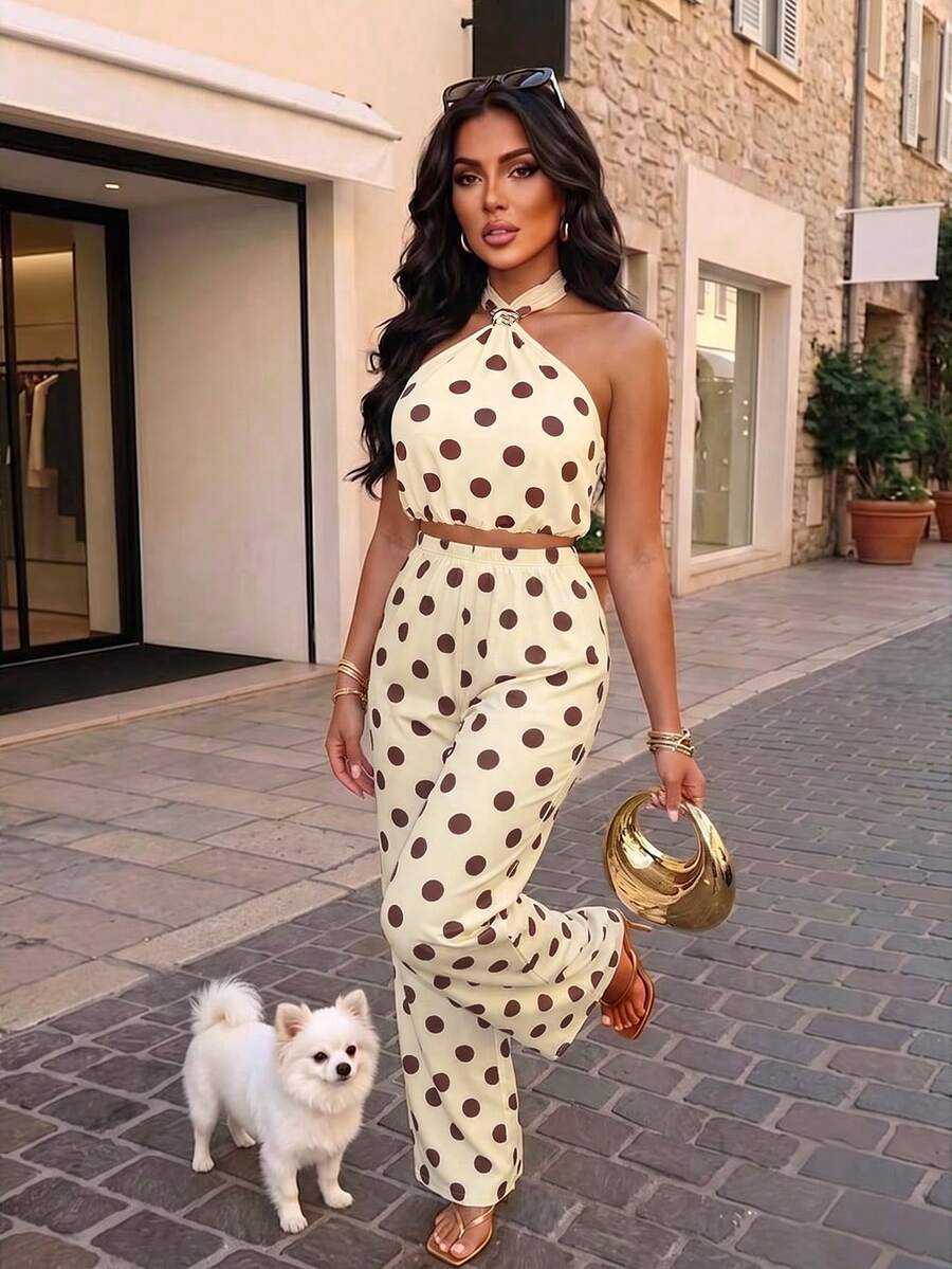 AIJ Casual Sexy Women's Polka Dot Halter Neck Gold Buckle Two Pieces Set, Backless Medium Stretch Outfit, Create A Look Vacation Elegant Summer - Yellow Base With Palm Flowers - View 1