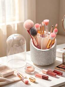 1pc Rhinestone Rotating Makeup Brush Holder Cosmetic Storage Rack Desktop Vanity Organizer Eyeshadow Brush Lipstick Holder Pen Holder, Rotating Dust-Proof Makeup Brush Storage Box Cosmetic Organizer Lipstick Eyeshadow Storage Rack Desktop Pen Holder - Silver - View 2