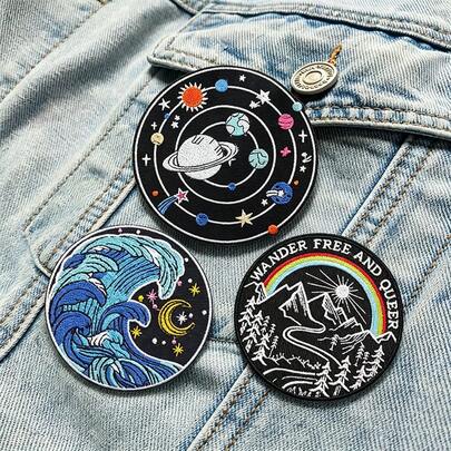 3 Pcs Space Planet Applique Iron On Patches On Clothes,Outdoor Mountain Embroidery Patch Set,Wave Decoration Badges For Clothing