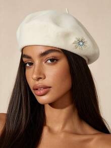 1pc Autumn/Winter Warm Knitted Faux Wool Solid Color Rotating Sunflower Women's Beret Hat, Fashion Simple Versatile Casual Vintage Painter Hat - Multicolor - View 10