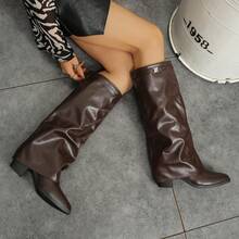 Women's Ruched Loose Boots, Fashion Thick Sole High Heel Pointed Toe Over-The-Knee Long Boots, Punk Style Ruched Brown Boots, Suitable For Daily, Holiday And Other Occasions, Versatile Boots - Brown - View 3