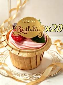 10/20pcs Gold Mirror Acrylic Birthday Cake Toppers, Birthday Party Cake Decoration, Cupcake Dessert Table Decor, Celebration Event Baking Accessories - A - View 9
