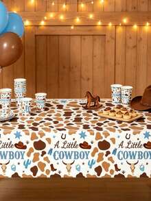 1pc Western Cowboy Theme Disposable Plastic Rectangular Tablecloth, Suitable For Cowboy Theme Birthday Party Decoration, Size 54"X108" - Multicolor - View 4
